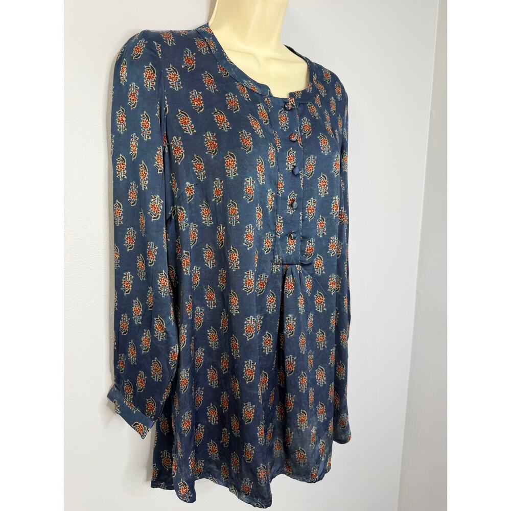 FOLKSONG Tunic Top Blue Floral Block Print Long Sleeve Boho Blouse Sz M - Picture 2 of 16
